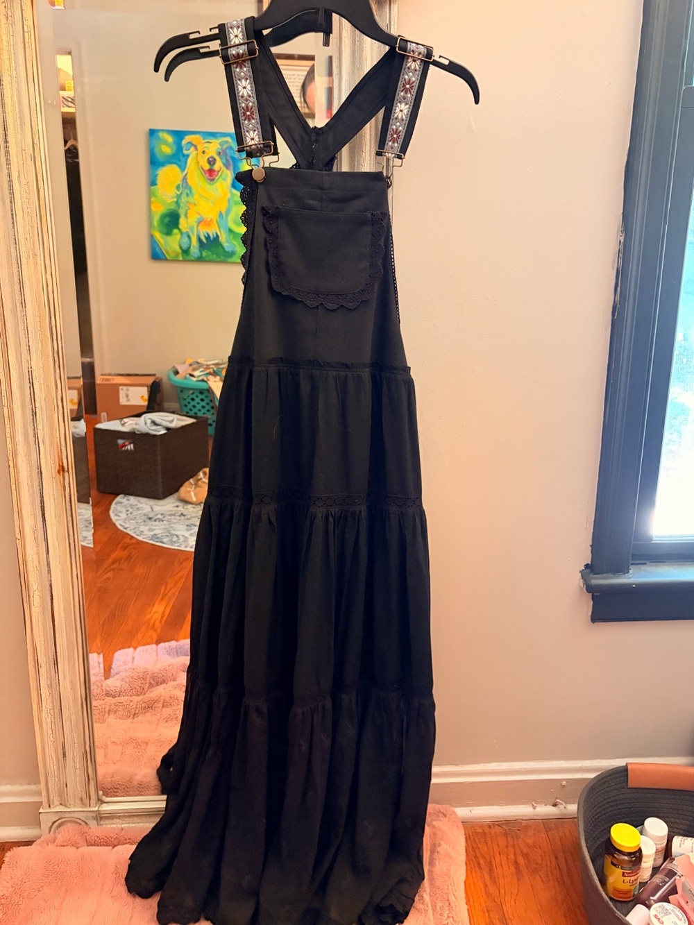 Listicle Black Overall  Maxi Dress with Embroidered Straps
